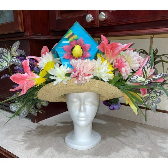 Kentucky Derby Handmade Floral Wide-Brim Straw Hat With Vibrant Flowers Butterfl - Picture 1 of 11